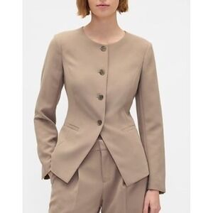 GAP Blazer Soft Stretch Twill Collarless Round Neck Beachwood Brown Size L Lined